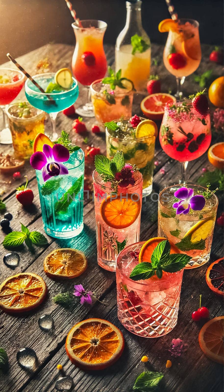 A vibrant display of cocktails, featuring colorful drinks with fresh fruit garnishes like lime, blood orange, and pineapple. The table is rustic, and water droplets add a refreshing and casual ambiance to the scene.