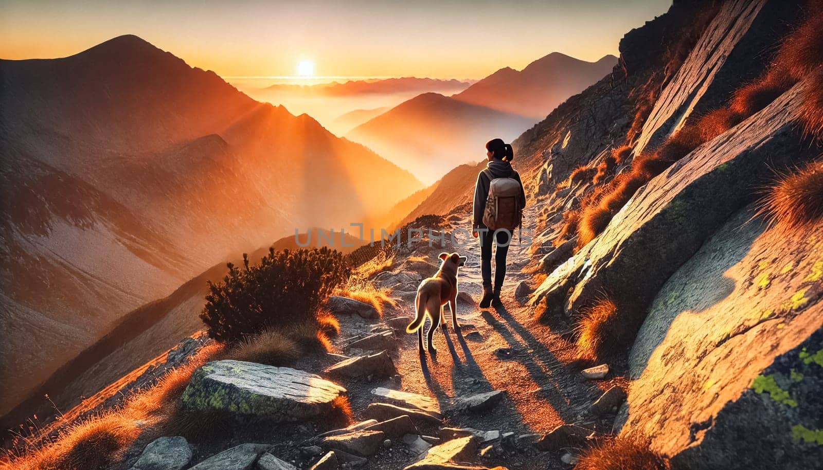 A woman and her dog hike along a rugged mountain trail during a breathtaking sunset. The golden light casts long shadows across the rocky terrain, while the distant peaks are bathed in the warm glow of the setting sun.
