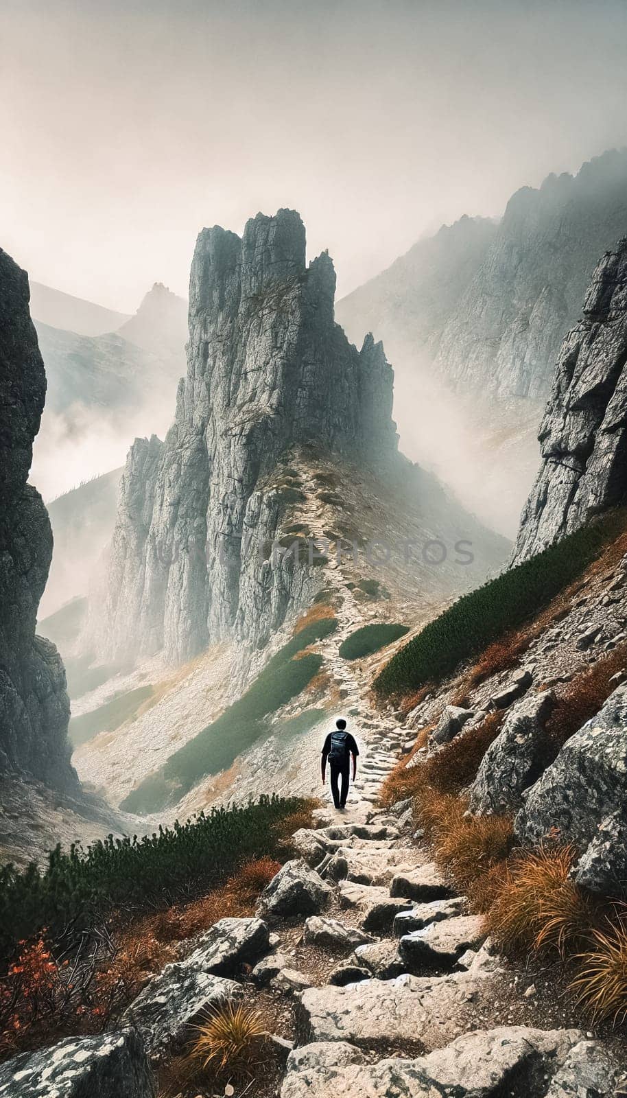 A lone backpacker makes their way up a rocky trail, surrounded by golden autumn grasses and towering peaks. Mist hangs in the air, blurring the distant mountains and adding to the wild and remote atmosphere.