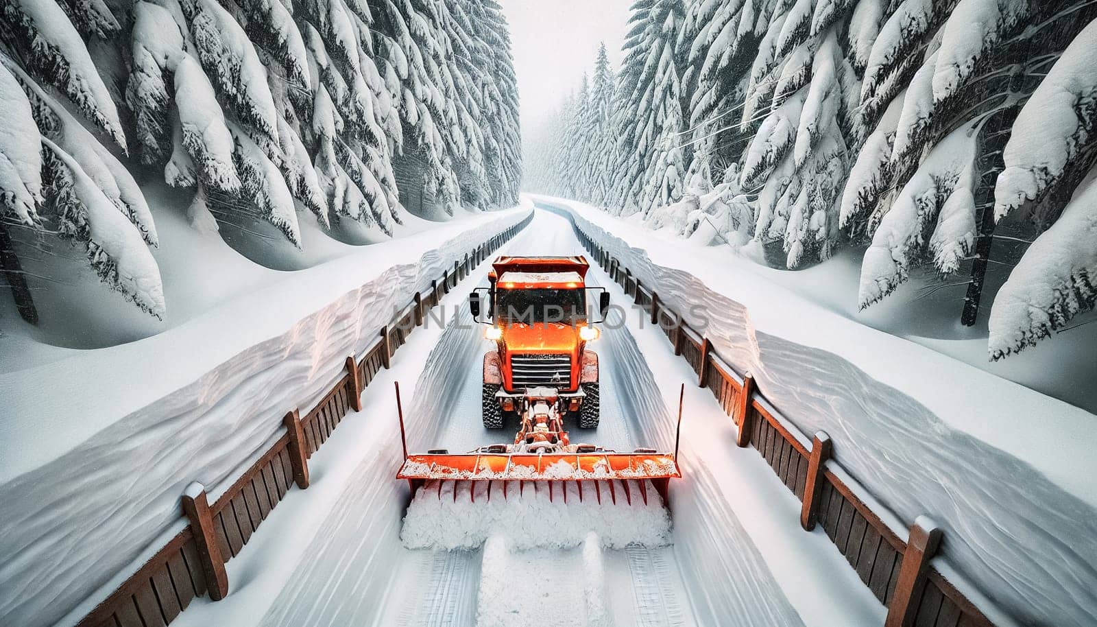 A bright orange snowplow clears a path through thick snow, with snow-laden trees arching over a wooden fence. The peaceful winter scene is set against a backdrop of dense, snow-covered branches, creating a tranquil yet hardworking atmosphere.