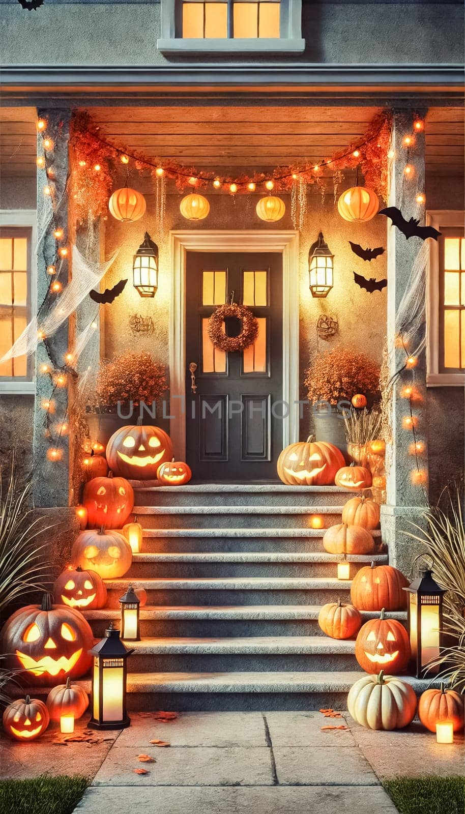 A close-up of a Halloween porch, showing glowing jack-o'-lanterns and stacked pumpkins by the door. A spooky wreath, cobwebs, and flickering lanterns create a perfect mix of eerie and cozy ambiance, inviting trick-or-treaters to enjoy the festive scene.