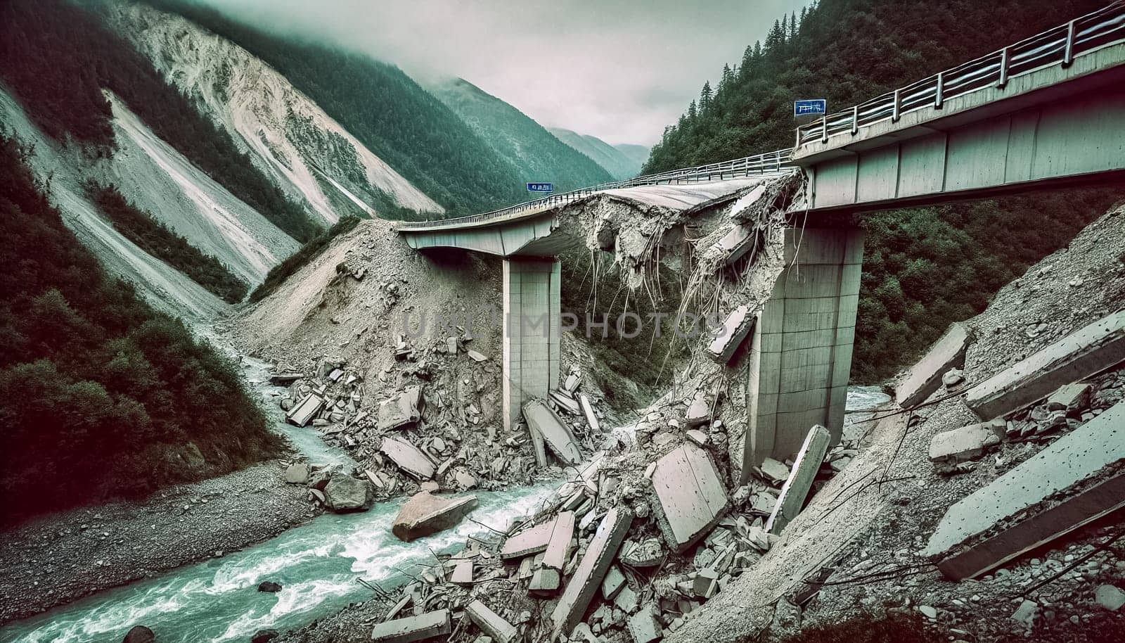 These eight images depict various views of a destroyed highway bridge in mountainous terrain. The scenes show the aftermath of a natural disaster, with broken road sections, shattered support beams, and debris scattered down steep hillsides. Rugged mountain ranges, flowing rivers, and eroded slopes dominate the landscapes, all under cloudy skies that add to the dramatic, desolate atmosphere.