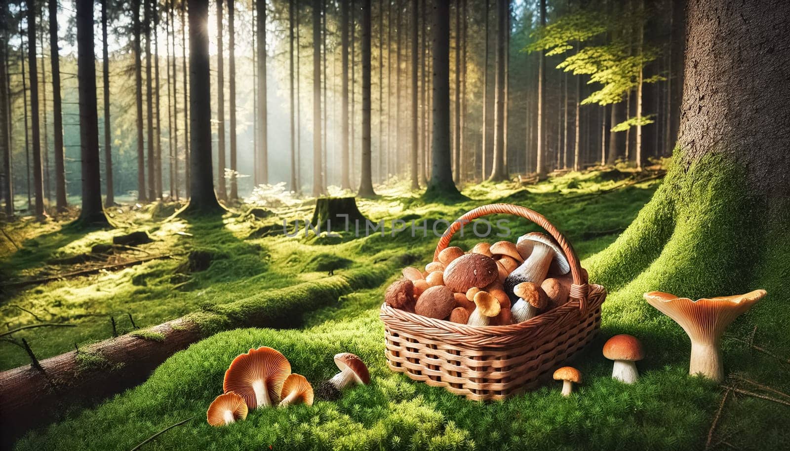 A basket filled with wild mushrooms sits on a mossy forest floor, illuminated by sunlight filtering through the trees, emphasizing the textures of the mushrooms.