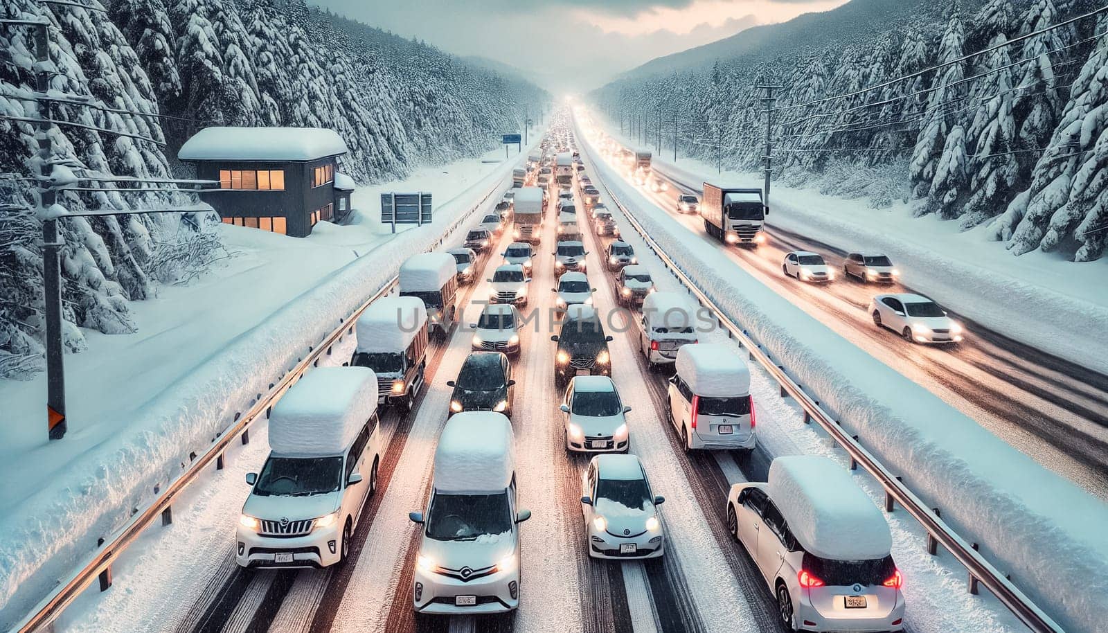 Cars drive cautiously on a snow-covered highway without snow piles on their roofs. Headlights reflect off the icy road, framed by snow-covered trees and a cloudy sky, as light snow continues to fall during dusk