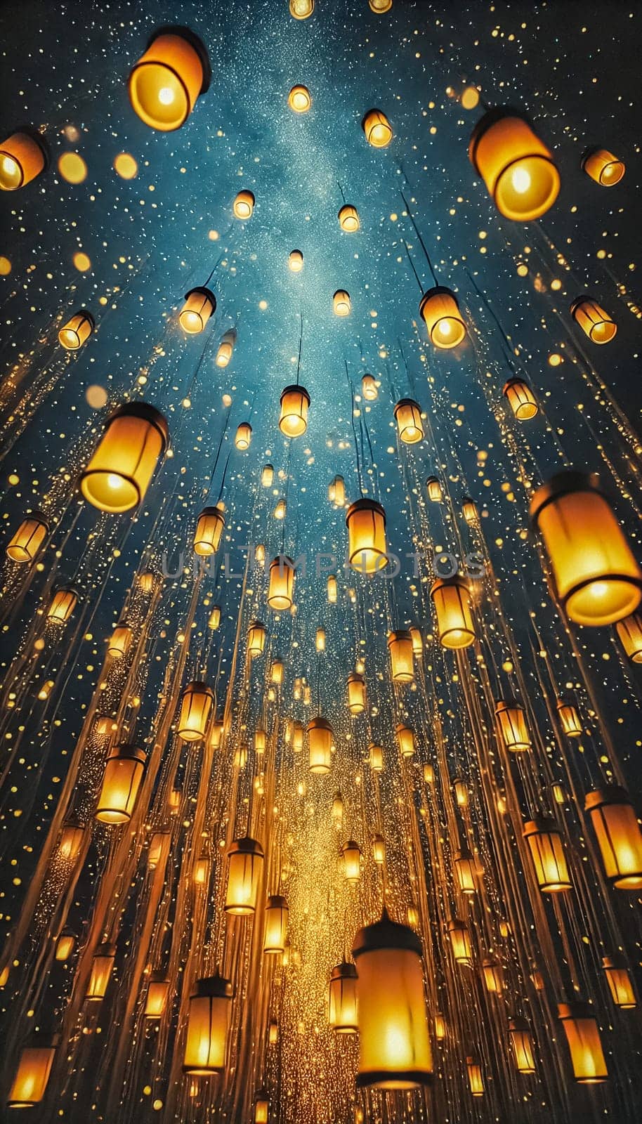 Golden specks of light float vertically, resembling ascending stars or lanterns against a deep blue backdrop. The upward motion and interplay of shadows create a mesmerizing and dreamlike atmosphere filled with serenity.