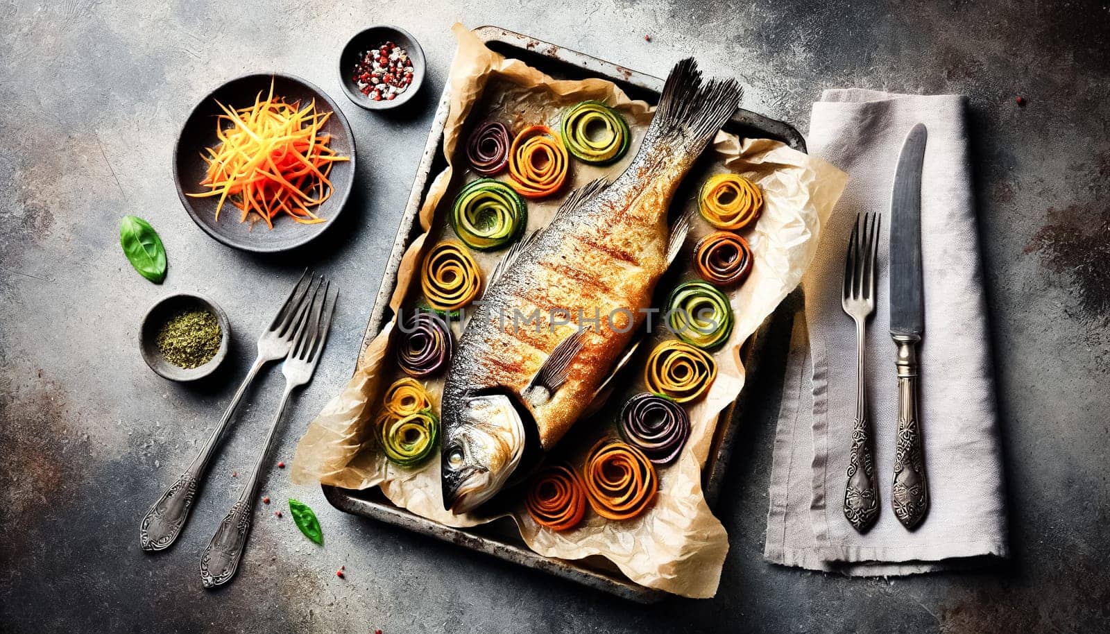 A perfectly roasted whole fish with a crispy, golden-brown crust, resting on parchment paper. It is surrounded by vibrant vegetable ribbons in orange, green, and purple, all served on rustic dishes. The textured napkins and soft lighting create a warm, inviting dining atmosphere.