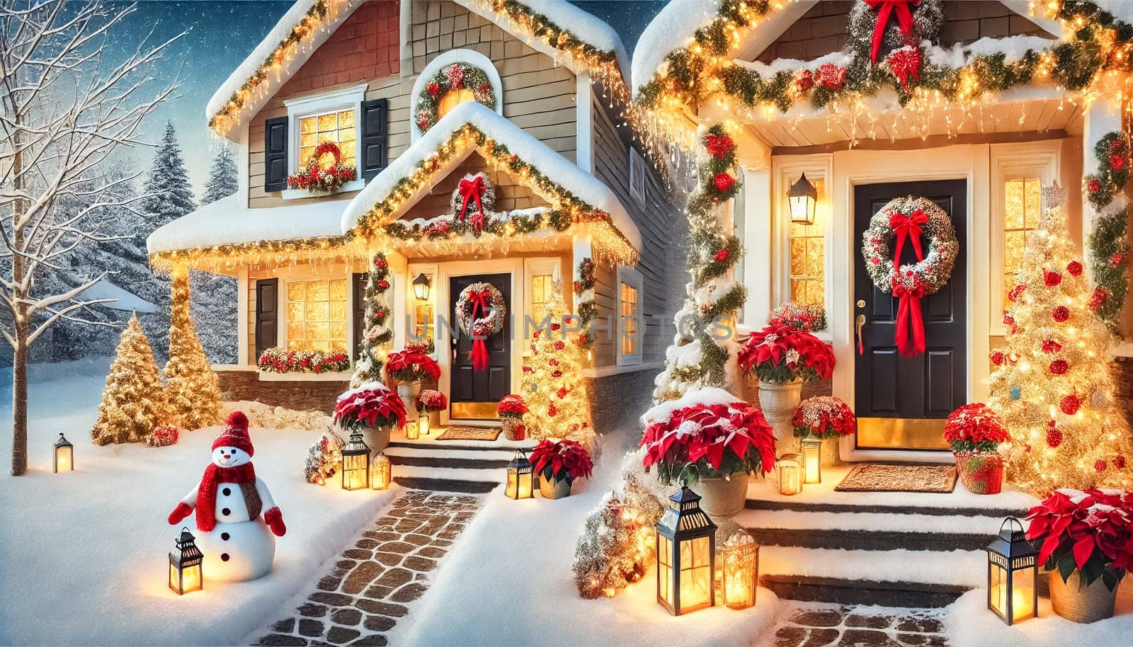 A close-up view of a suburban home's front door, decorated with a vibrant wreath, glowing garlands, and red poinsettias. Snow covers the steps, lanterns line the entrance, and soft daylight enhances the cozy holiday ambiance