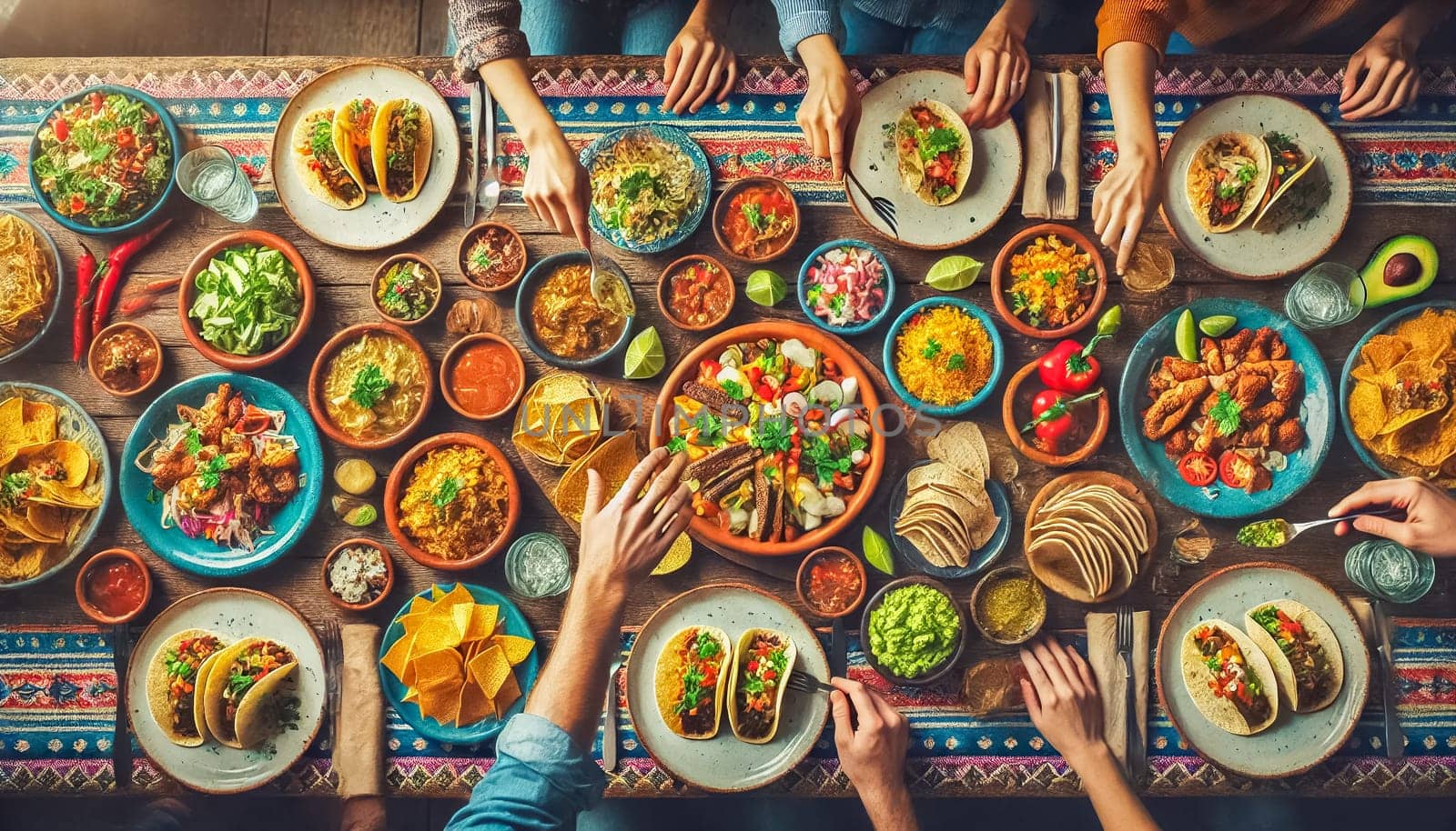 Close-up of beautifully presented tacos topped with cilantro, avocado, and drizzled sauce, set in a warmly lit Mexican restaurant. The blurred background captures diners enjoying their meals, creating a relaxed and inviting atmosphere.