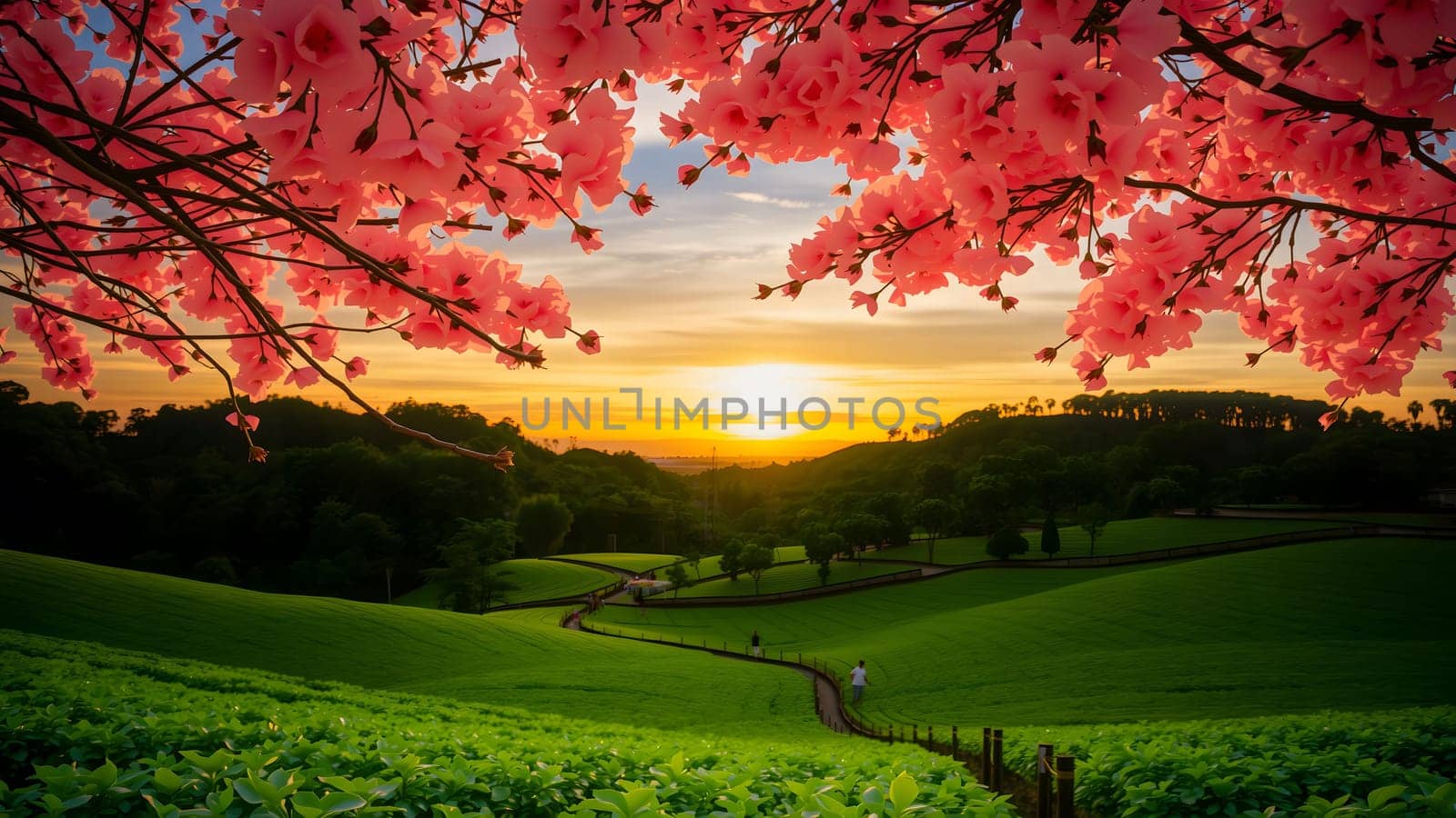 The The green tea garden in afternoon with nice backbround view