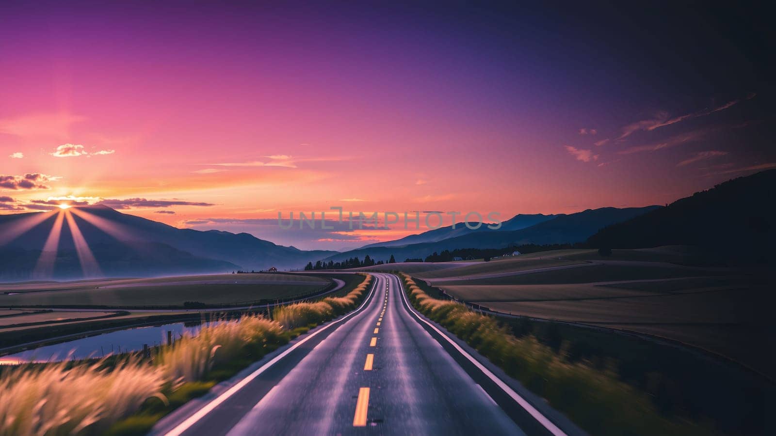 The Asphalt road in green fields under beautiful sky. Way