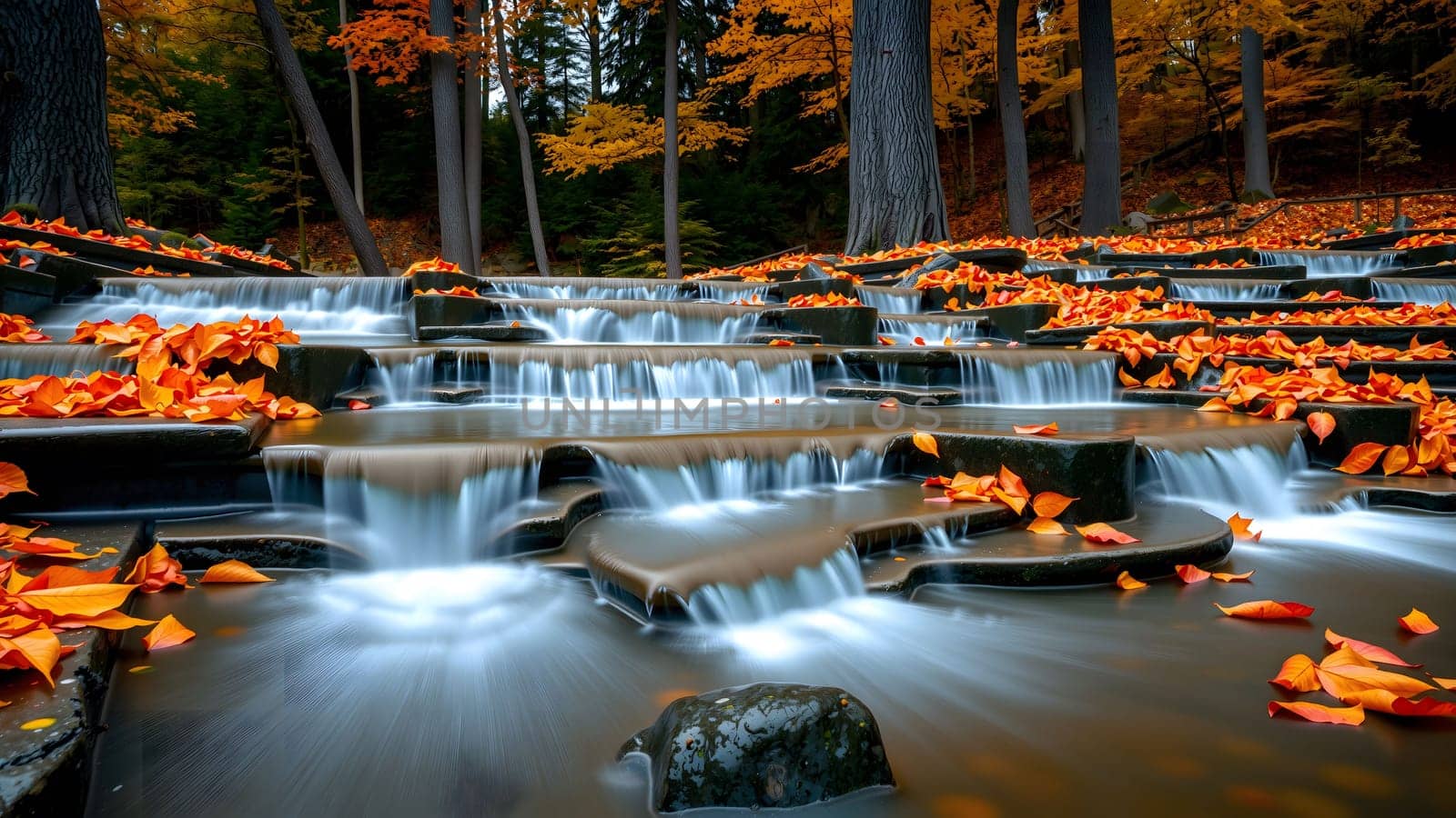 The Yellow maple leaves in the water with stones and green moss in the autumn