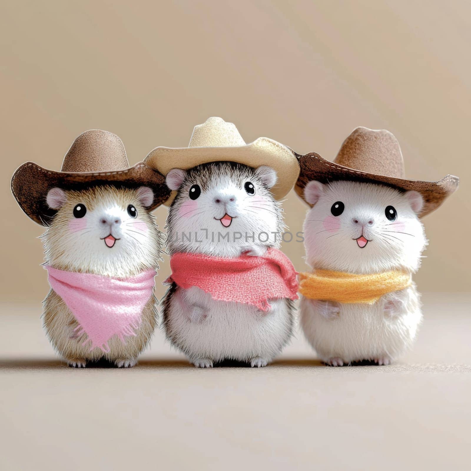 Three adorable hamsters wear cowboy hats and colorful bandanas, showcasing their playful personalities in a lighthearted indoor atmosphere, capturing the joy of these cute pets.