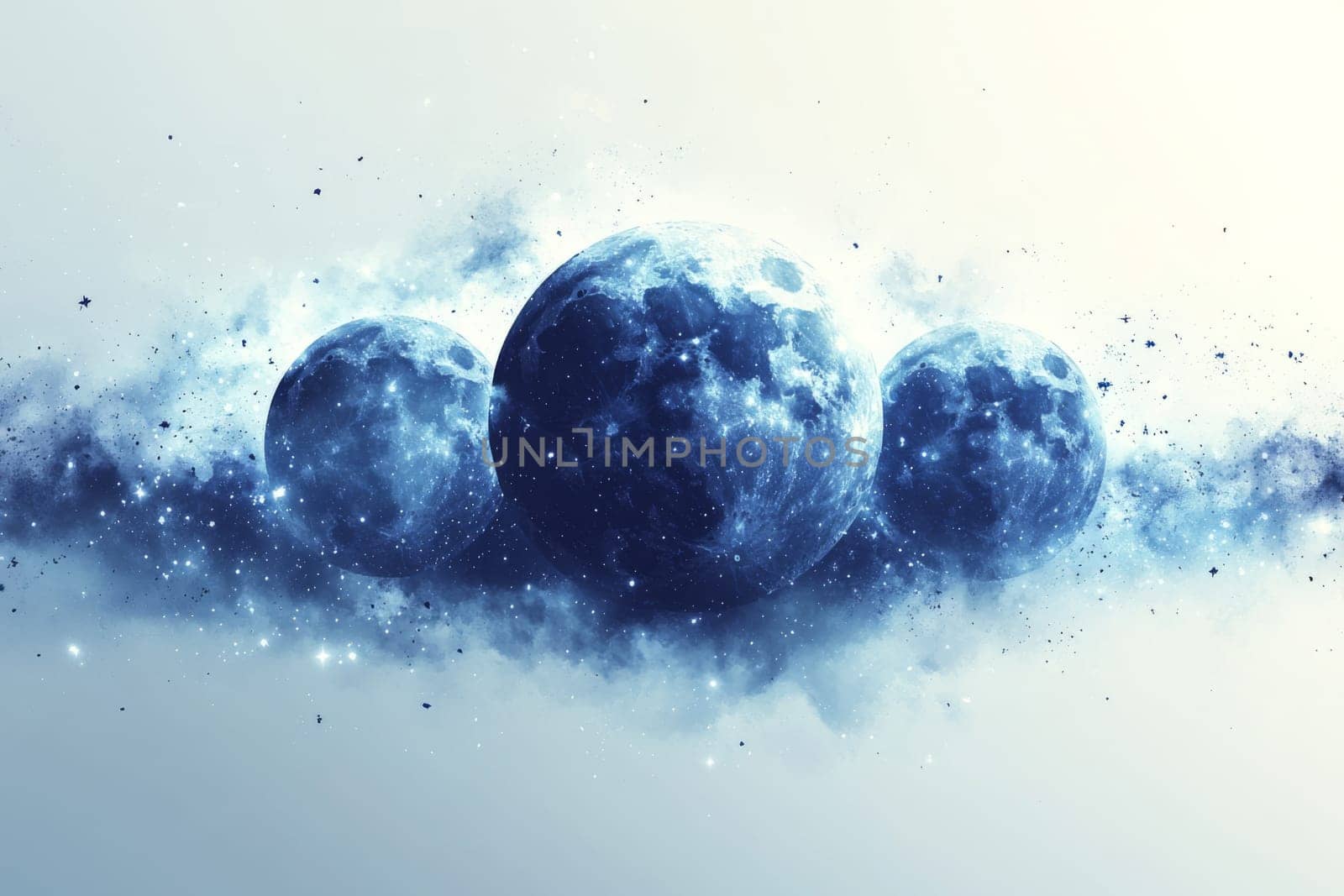 Three large moons with glowing surfaces hover in a vast cosmic background filled with stars and swirling nebulae, presenting an enchanting view of the universes beauty.