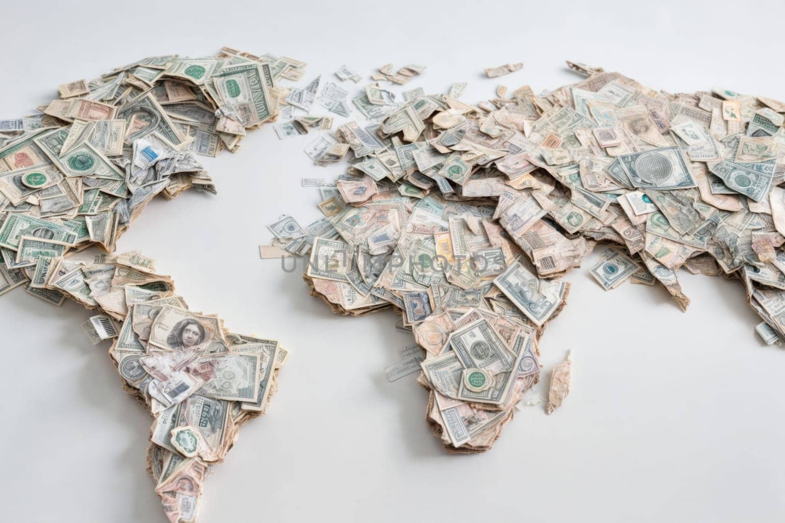 A detailed map of the world composed entirely of assorted banknotes showcases a unique artistic interpretation of global geography.