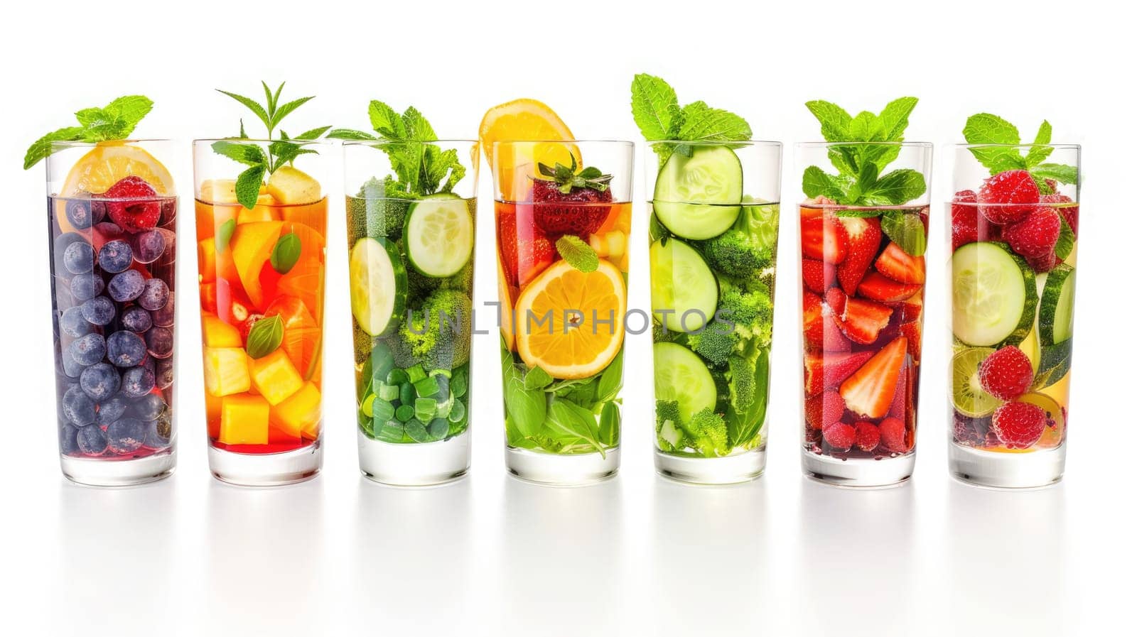 Colorful cocktails filled with a variety of fresh fruits and vegetables stand on a white surface, perfect for a summertime celebration or gathering with friends.