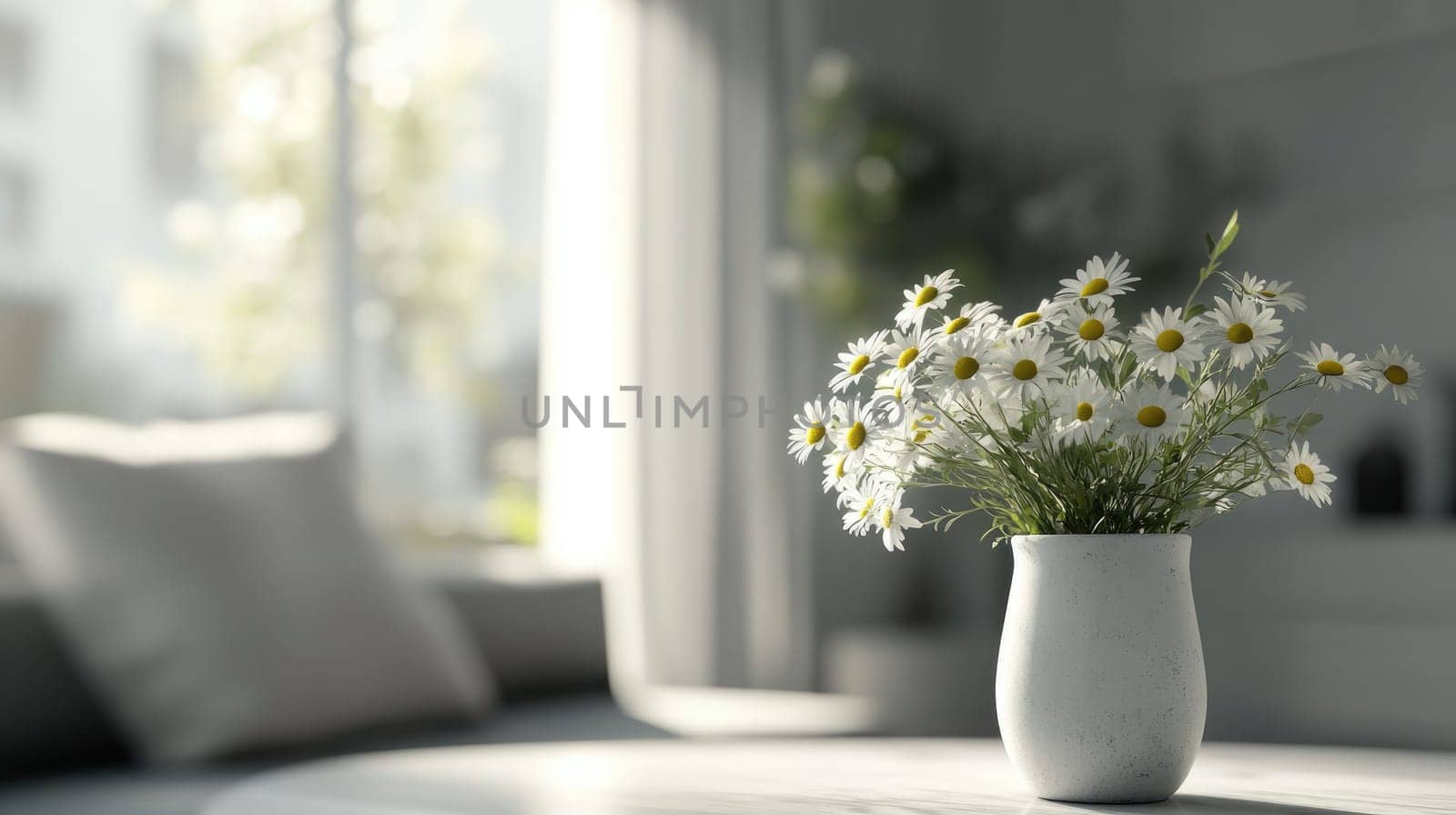 A vase filled with cheerful daisies sits on a sleek table in an elegant high-tech living space, illuminated by soft natural light streaming through large windows.