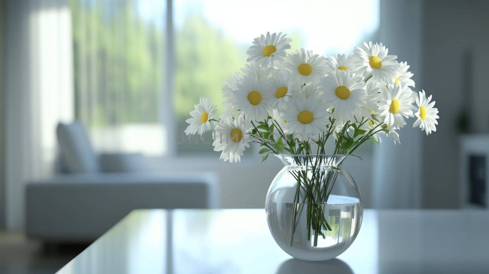 A clear vase full of bright white daisies sits on a sleek table in a high-tech living space. Sunlight filters through large windows, creating a serene atmosphere.