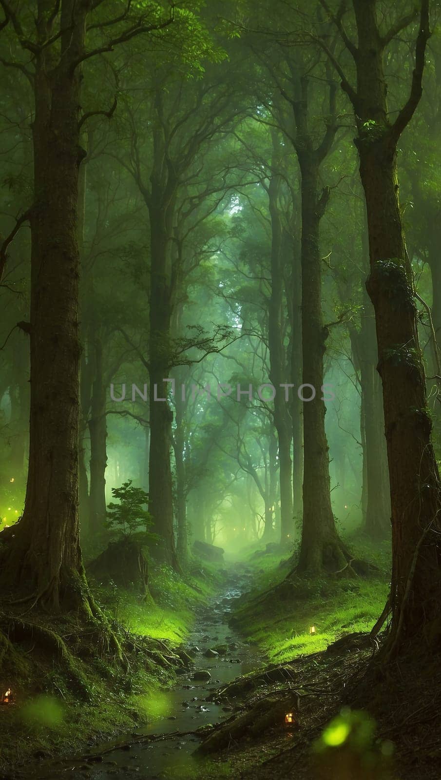 magical spooky dark forest scene featuring tall trees, a serene stream, and glowing orbs evoking mystique and tranquility, perfect for fantasy or nature themed projects. good for content creation background