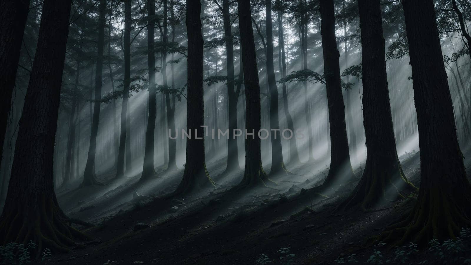 magical spooky dark forest scene featuring tall trees, a serene stream, and glowing orbs evoking mystique and tranquility, perfect for fantasy or nature themed projects. good for content creation background