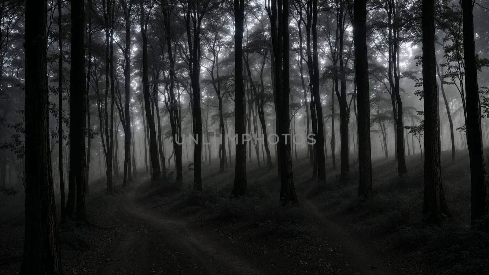 magical spooky dark forest scene featuring tall trees, a serene stream, and glowing orbs evoking mystique and tranquility, perfect for fantasy or nature themed projects. good for content creation background