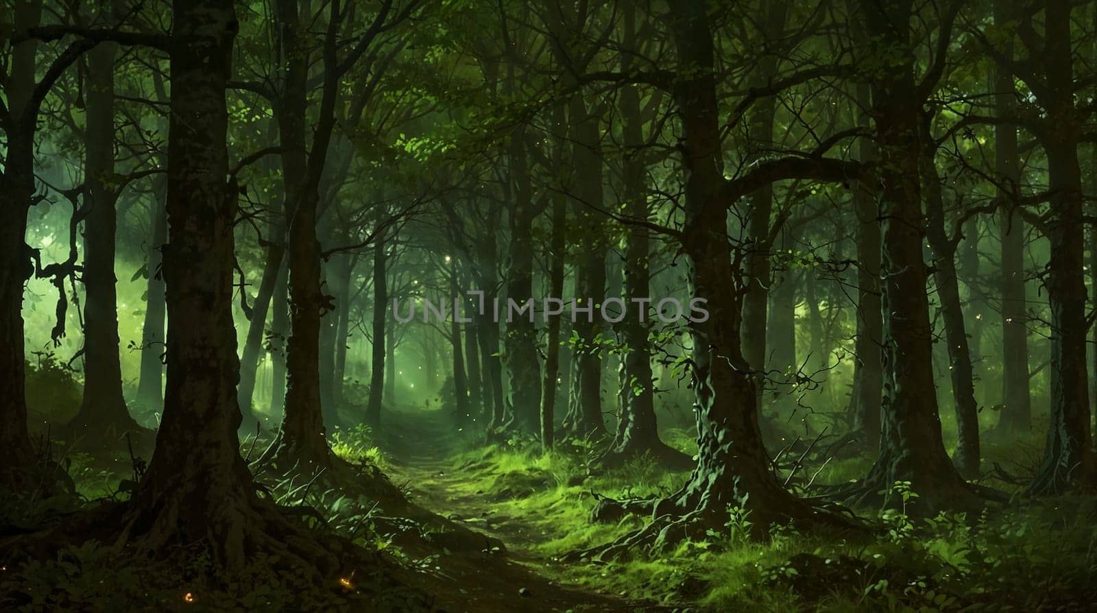 magical spooky dark forest scene featuring tall trees, a serene stream, and glowing orbs evoking mystique and tranquility, perfect for fantasy or nature themed projects. good for content creation background
