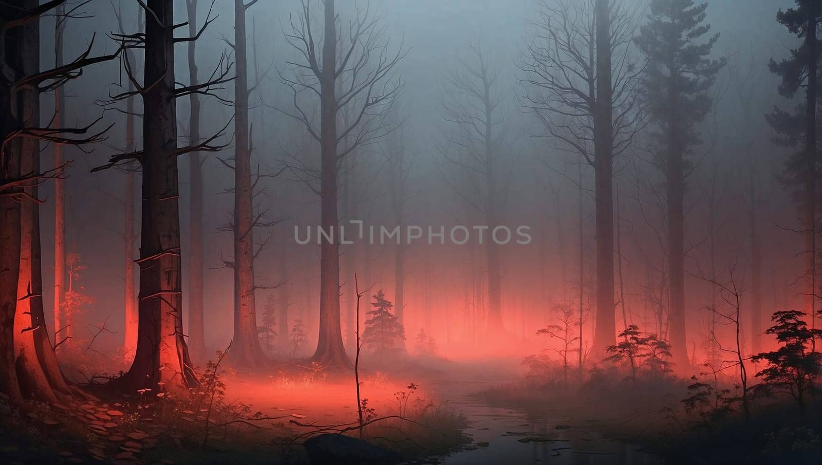 magical spooky dark forest scene featuring tall trees, a serene stream, and glowing orbs evoking mystique and tranquility, perfect for fantasy or nature themed projects. good for content creation background