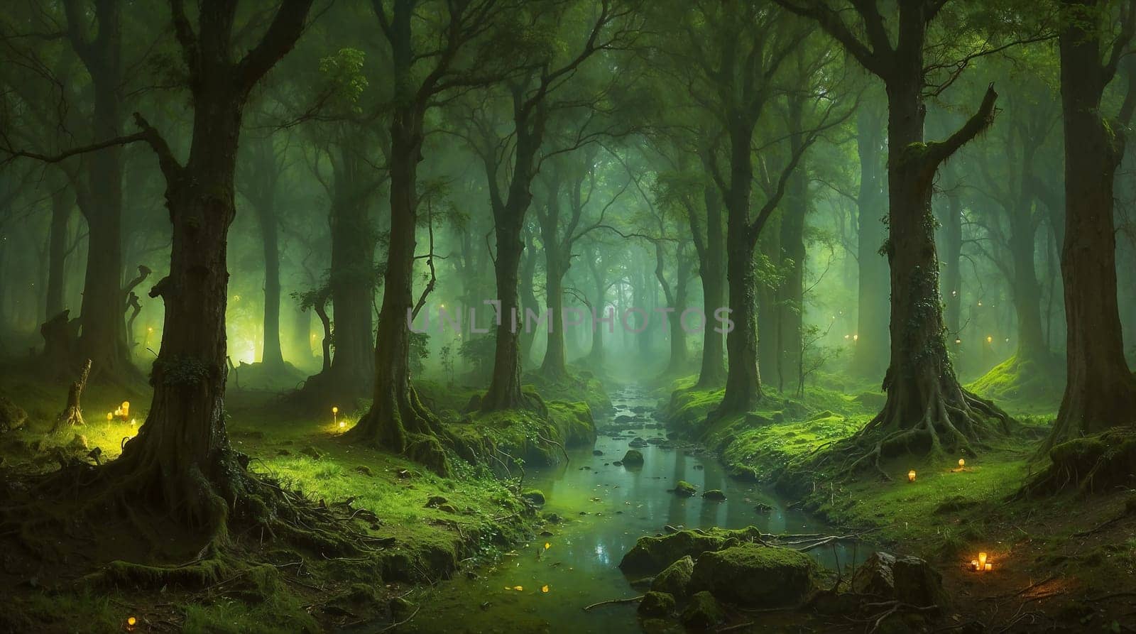 magical spooky dark forest scene featuring tall trees, a serene stream, and glowing orbs evoking mystique and tranquility, perfect for fantasy or nature themed projects. good for content creation background