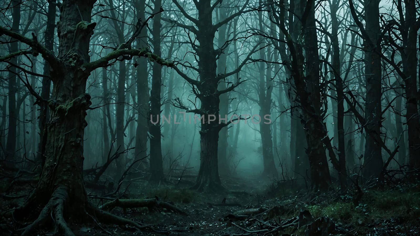magical spooky dark forest scene featuring tall trees, a serene stream, and glowing orbs evoking mystique and tranquility, perfect for fantasy or nature themed projects. good for content creation background