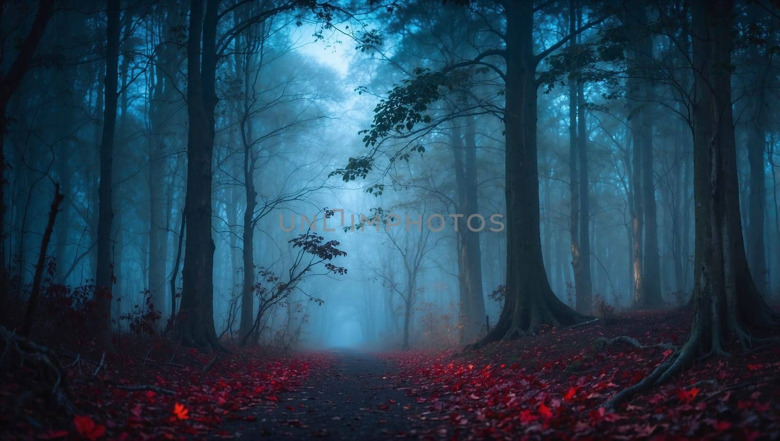 magical spooky dark forest scene featuring tall trees, a serene stream, and glowing orbs evoking mystique and tranquility, perfect for fantasy or nature themed projects. good for content creation background