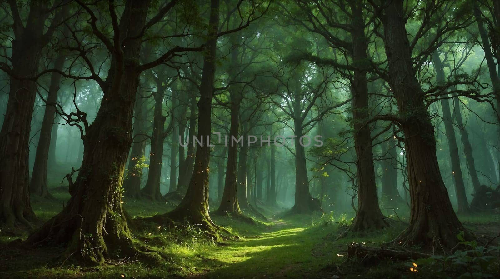magical spooky dark forest scene featuring tall trees, a serene stream, and glowing orbs evoking mystique and tranquility, perfect for fantasy or nature themed projects. good for content creation background