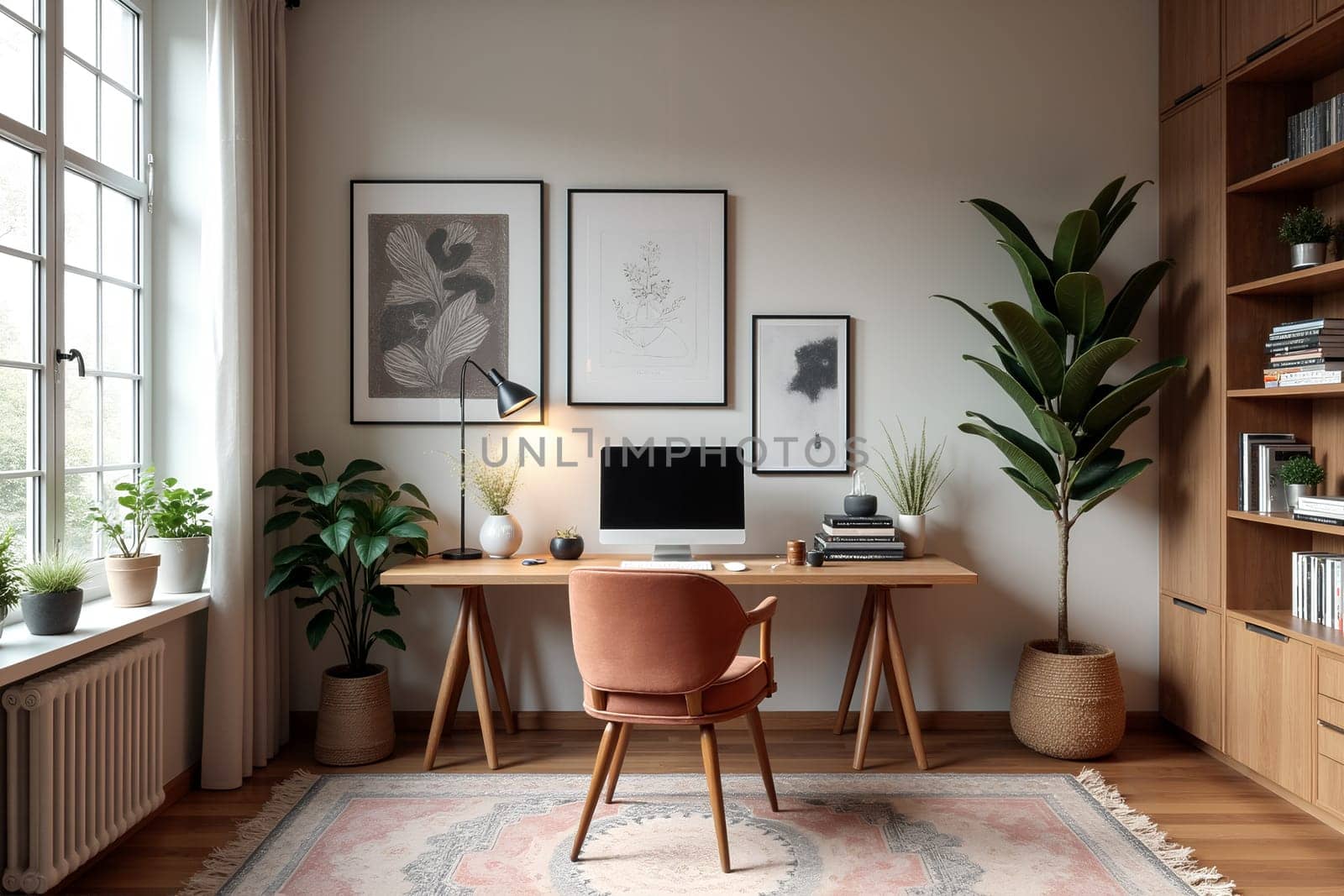 A stylish home office features a wooden desk with a computer, comfortable chair, and various plants beside large windows, creating a warm and inviting ambiance. Generative AI.