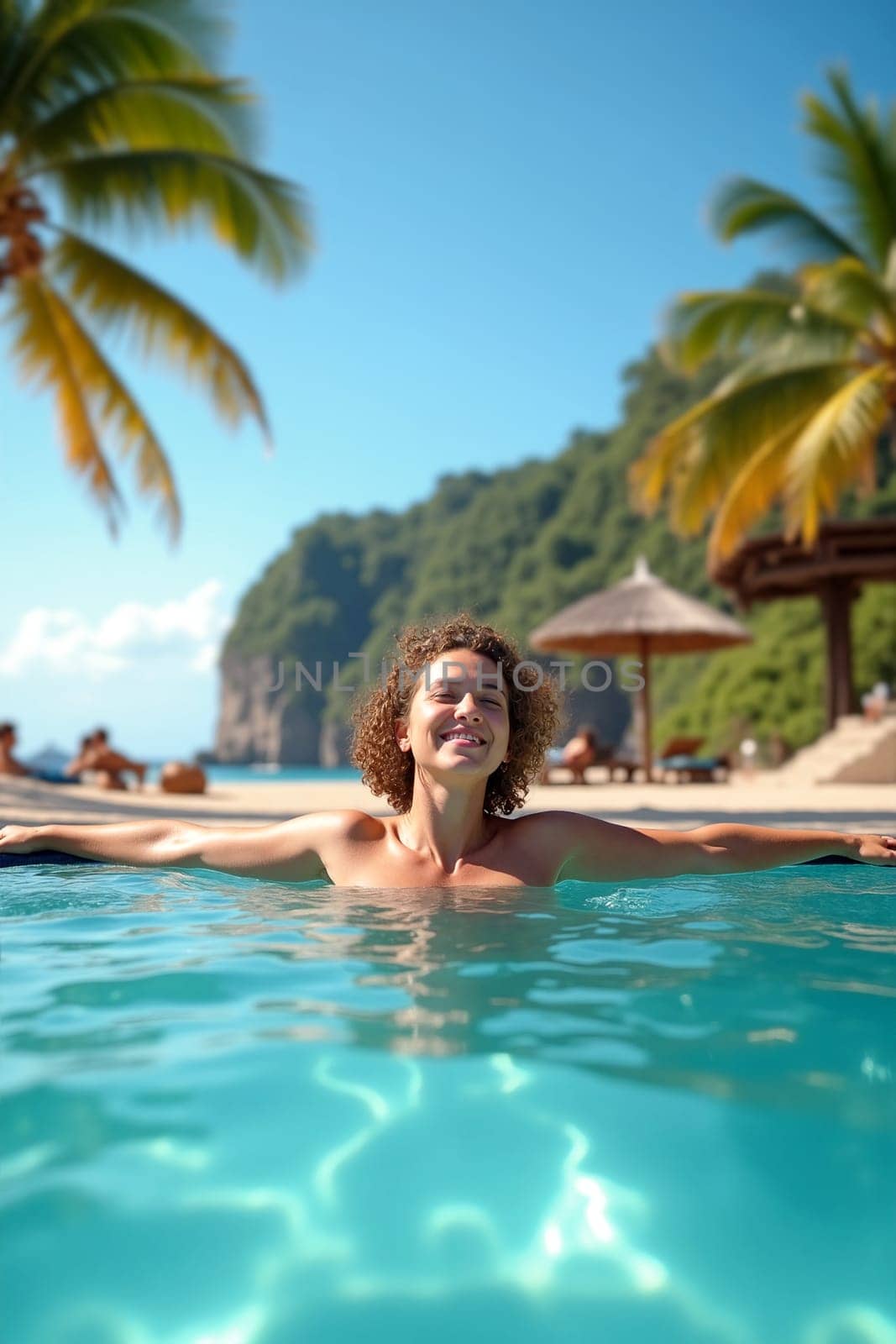 A person enjoys the tranquility of a pool, smiling as they soak in the sun and admire the beautiful ocean view and tropical landscape. Generative AI.