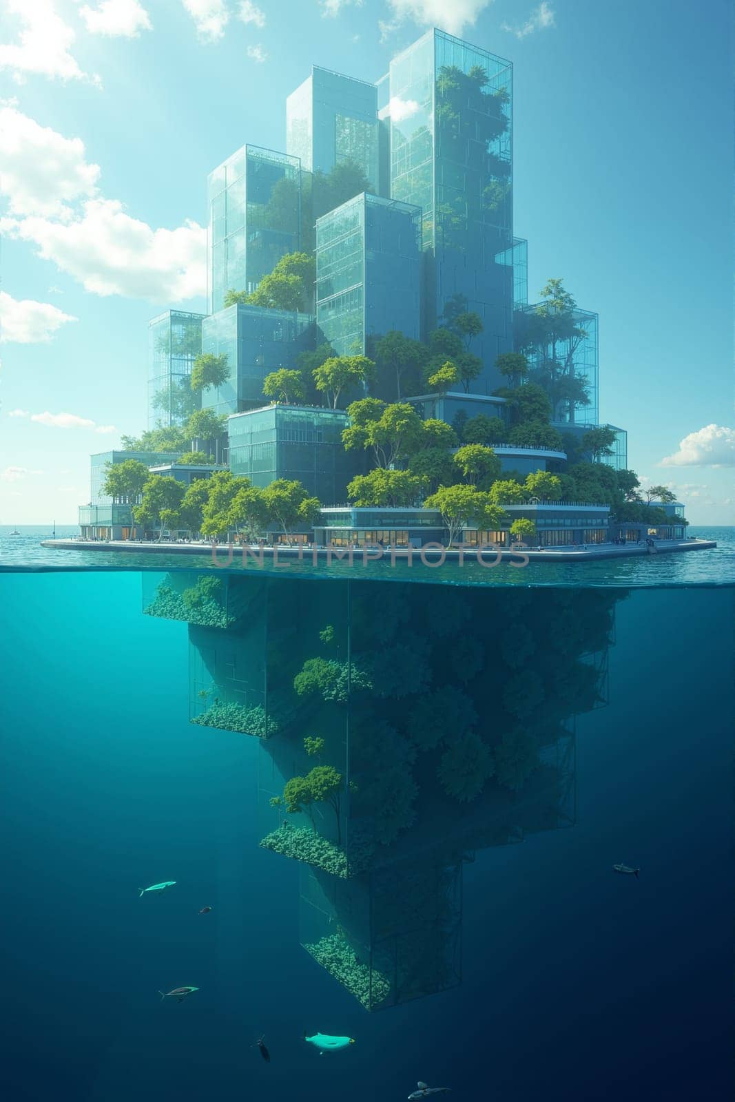 Lush greenery surrounds a futuristic structure rising from the ocean, showcasing vibrant aquatic life and an innovative design that harmonizes with nature. Generative AI.