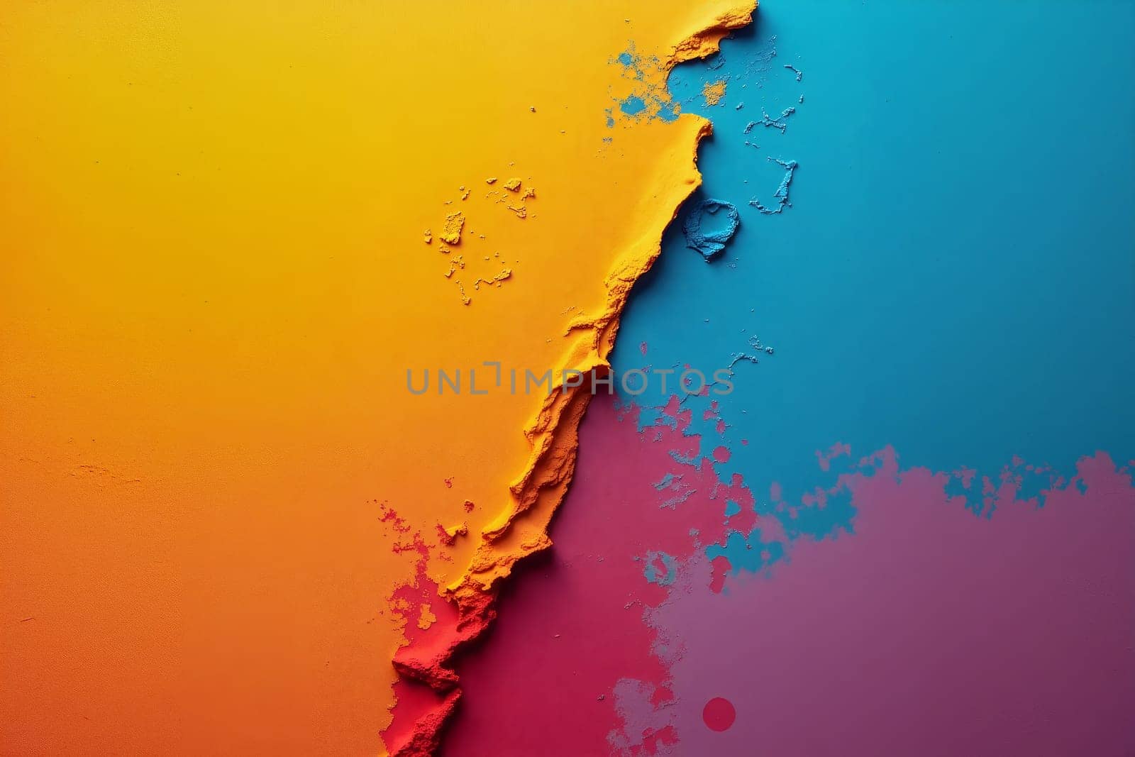 Bright hues of yellow, orange, pink, and blue create an abstract texture, showcasing a dynamic interaction between warm and cool tones on a solid surface - Abstract background - Generative AI.