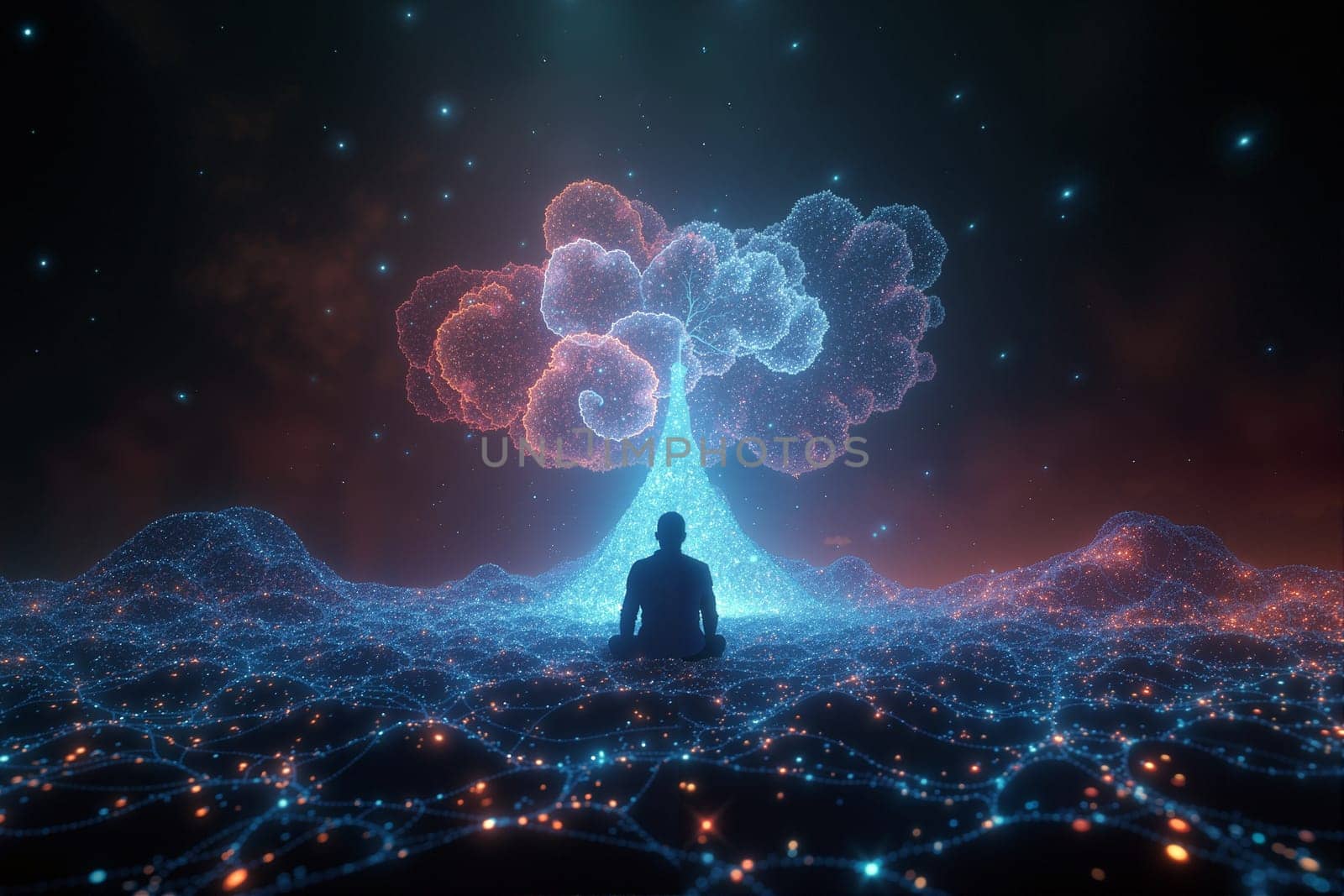 A serene figure sits cross-legged in deep meditation, surrounded by a vast digital landscape filled with glowing particles and a luminous tree. Generative AI.