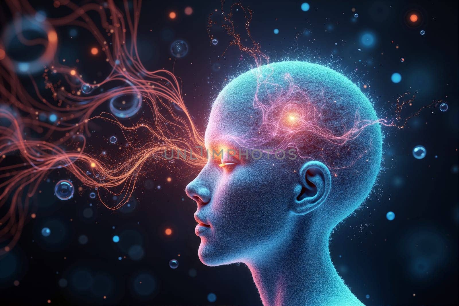 A side profile of a futuristic head showcases neural connections and energy. Colorful lights illustrate the complexity of consciousness and thought processing - AGI illustration - Generative AI.