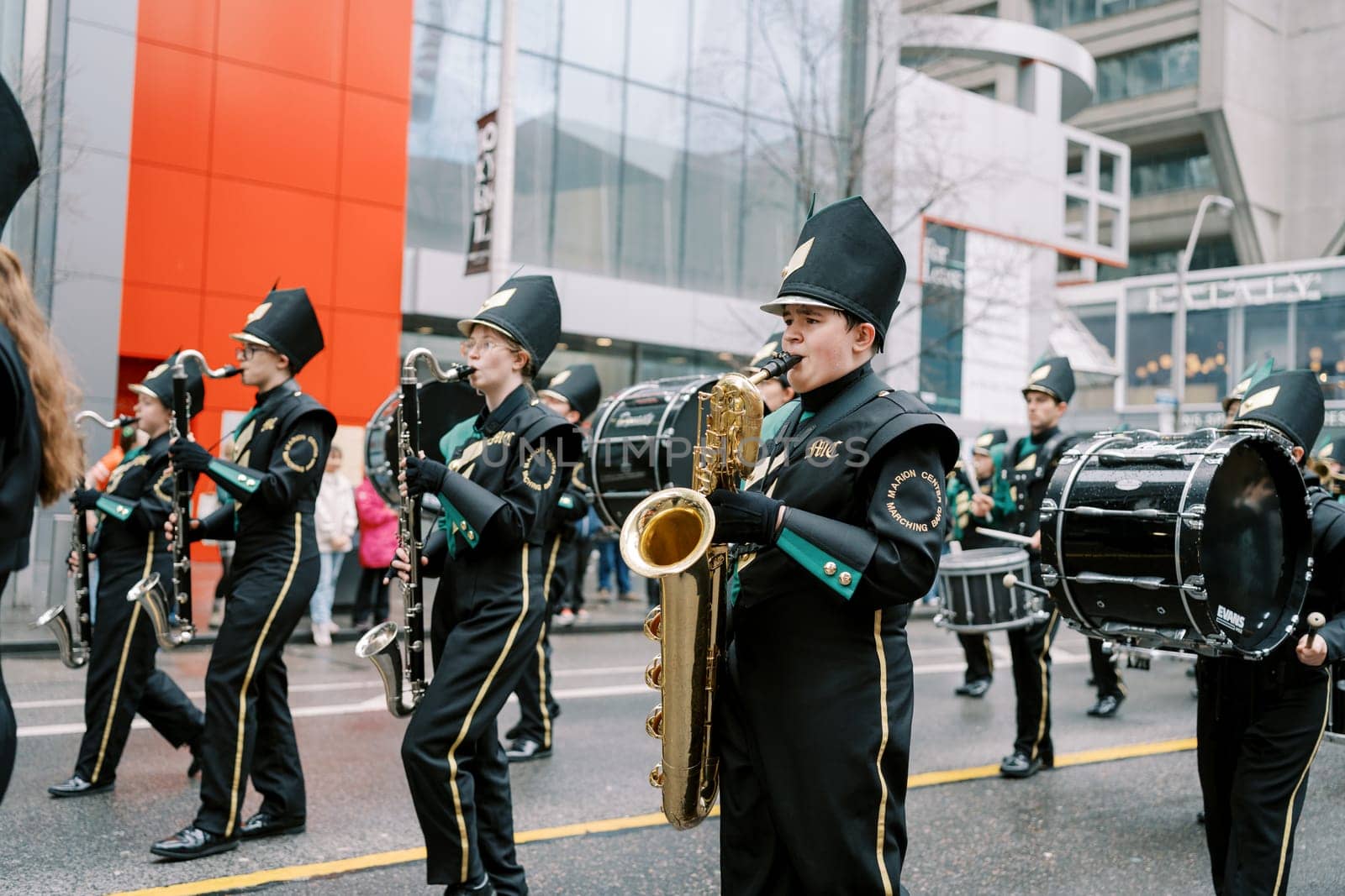 A vibrant and energetic marching band is an essential part of a lively city parade event