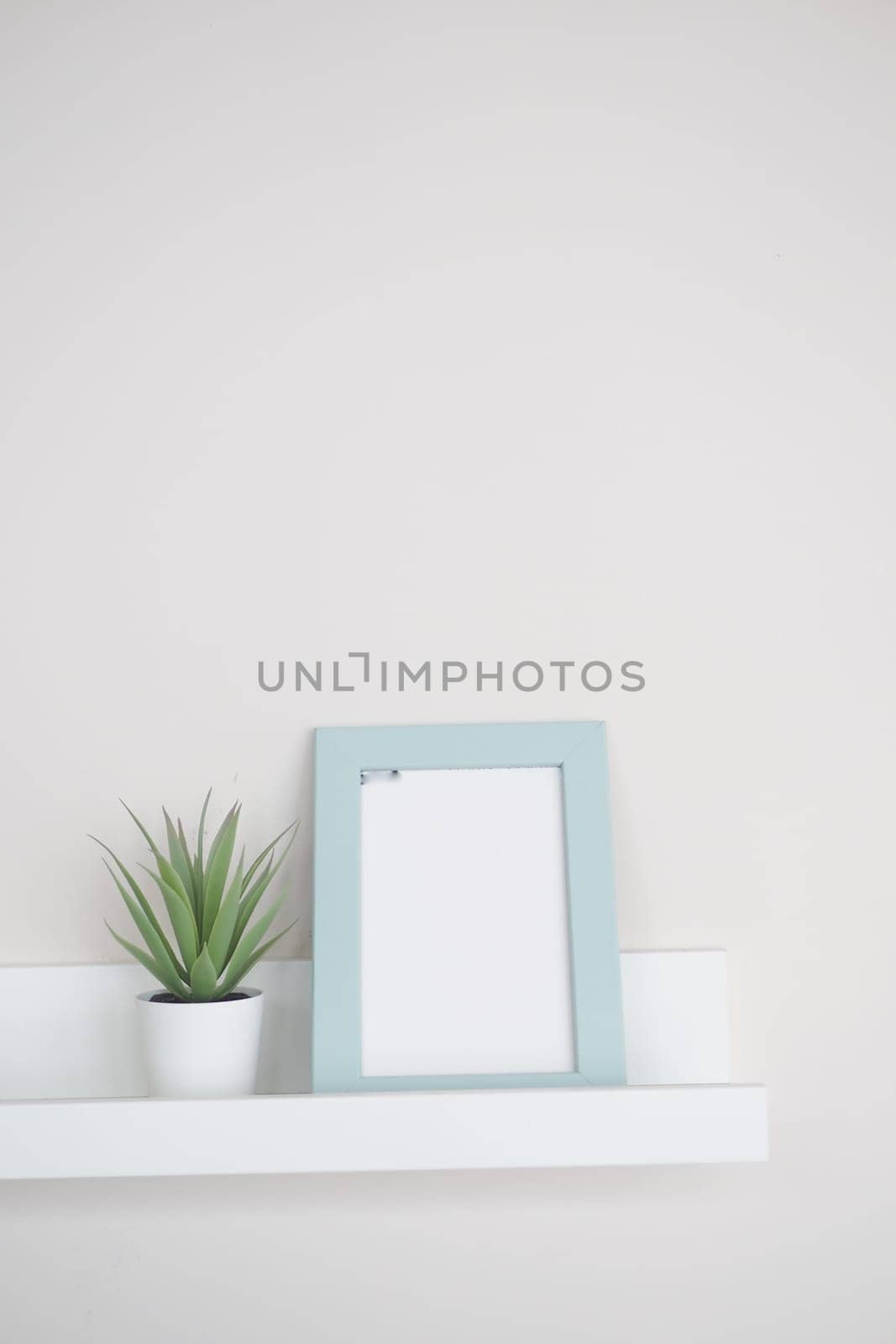 A minimalist shelf displays a plant and a blank picture frame, enhancing decor.