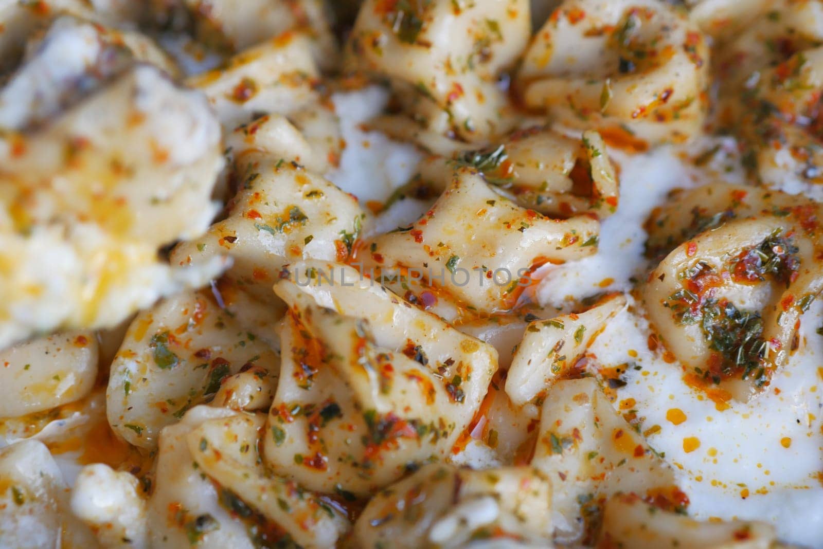 Handmade dumplings are generously coated in a rich, spiced sauce.