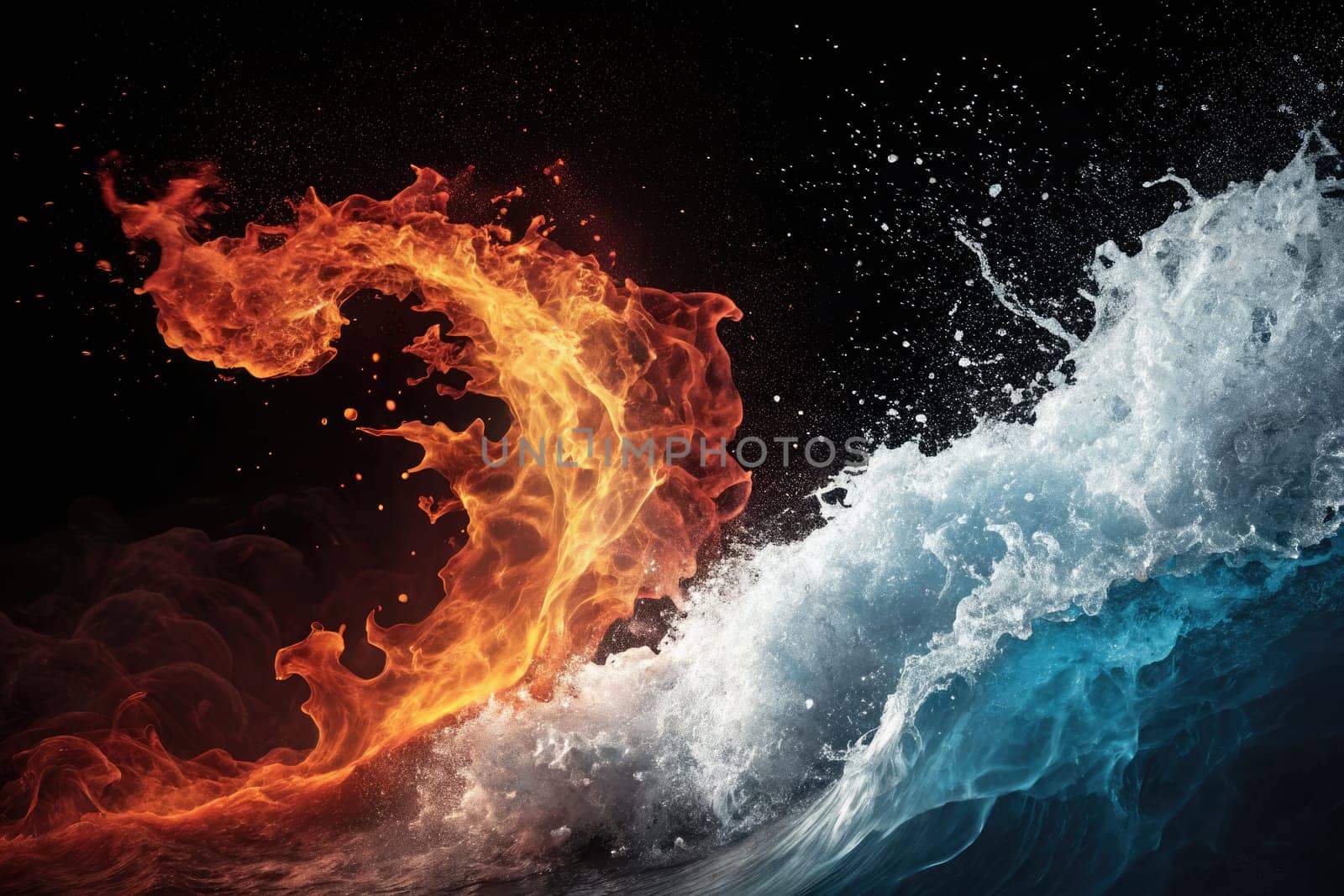 A vibrant representation of fire and water intertwining, showcasing the intense colors and textures of flames and ocean waves colliding. The visual highlights the beauty of natures elements.