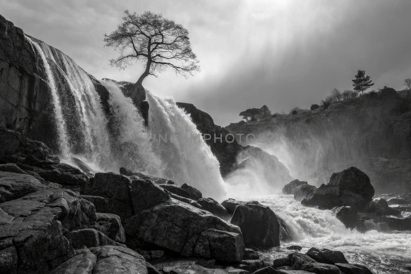 Water rushes powerfully over rugged rocks, creating a stunning waterfall. A lone tree stands defiantly on the edge, silhouetted against a dramatic sky.