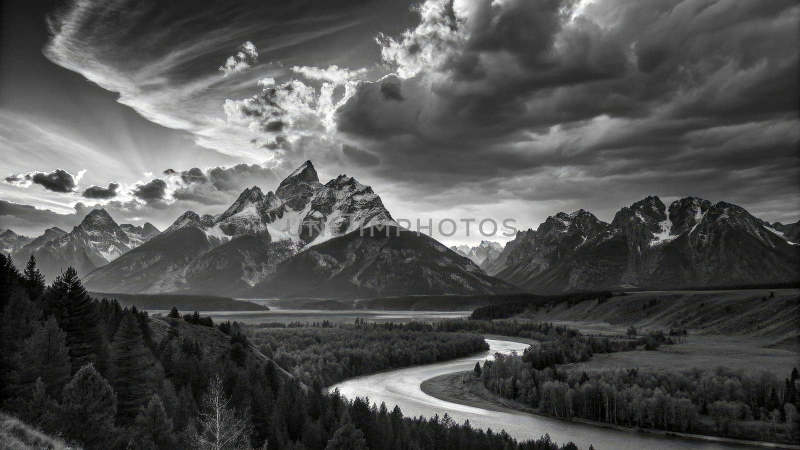 Snow-capped mountains tower over a meandering river, creating a striking landscape under dark, swirling clouds. The twilight accentuates the beauty of nature.