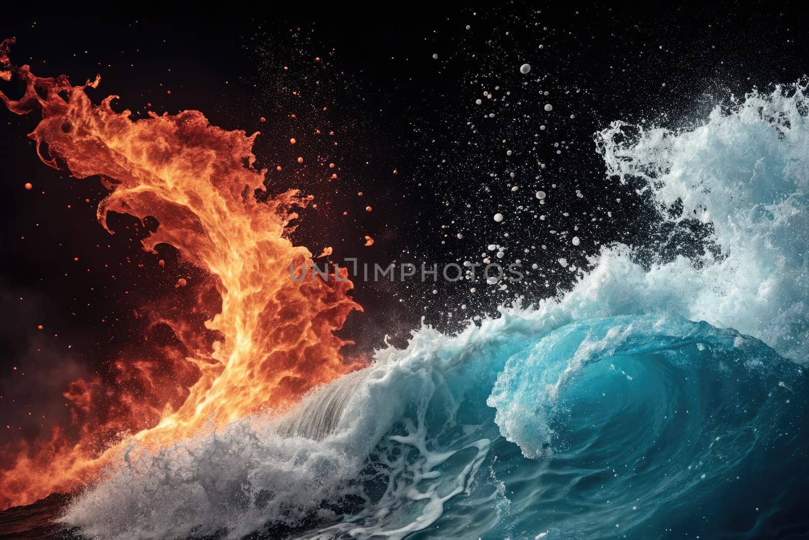 A striking display of fire and water colliding, with vibrant flames on one side and crashing ocean waves on the other. The contrast highlights the forces of nature in a dramatic way.