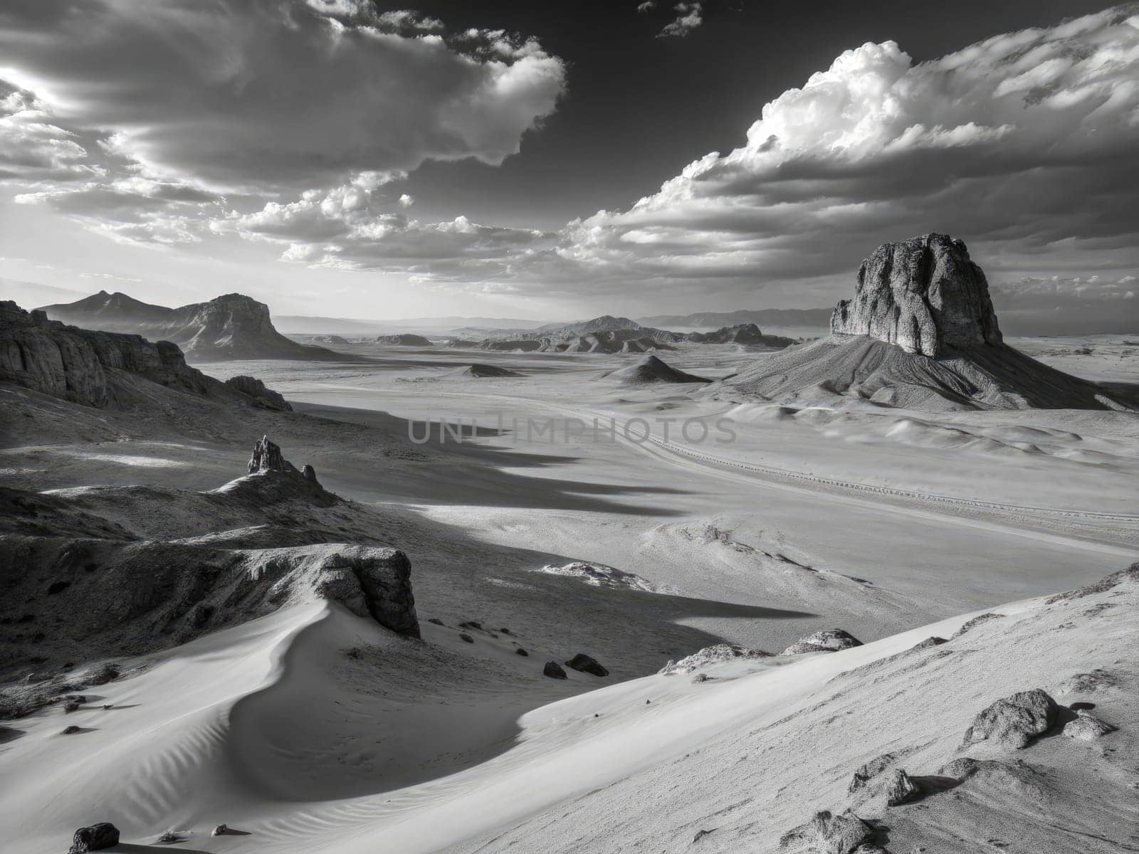 Expansive desert terrain showcasing undulating sand dunes and rugged rock formations under a dramatic sky. Shadows create a play of light across the sprawling landscape during the late afternoon.