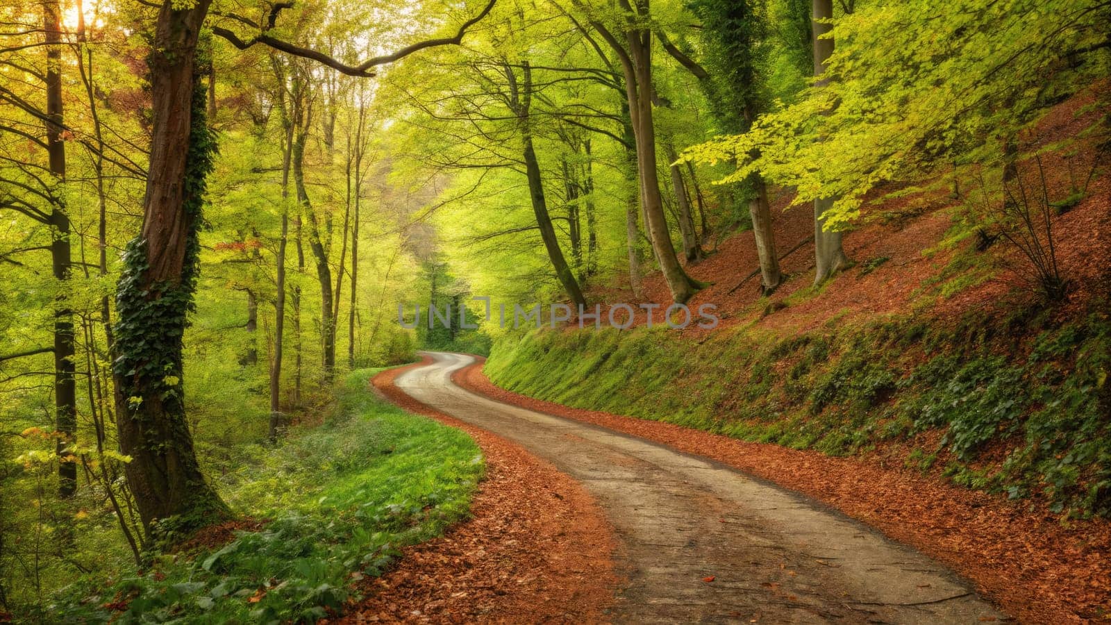 A curving dirt path meanders through a vibrant green forest, surrounded by tall trees. The ground is covered in a mix of colorful fall leaves, with sunlight filtering through the foliage.