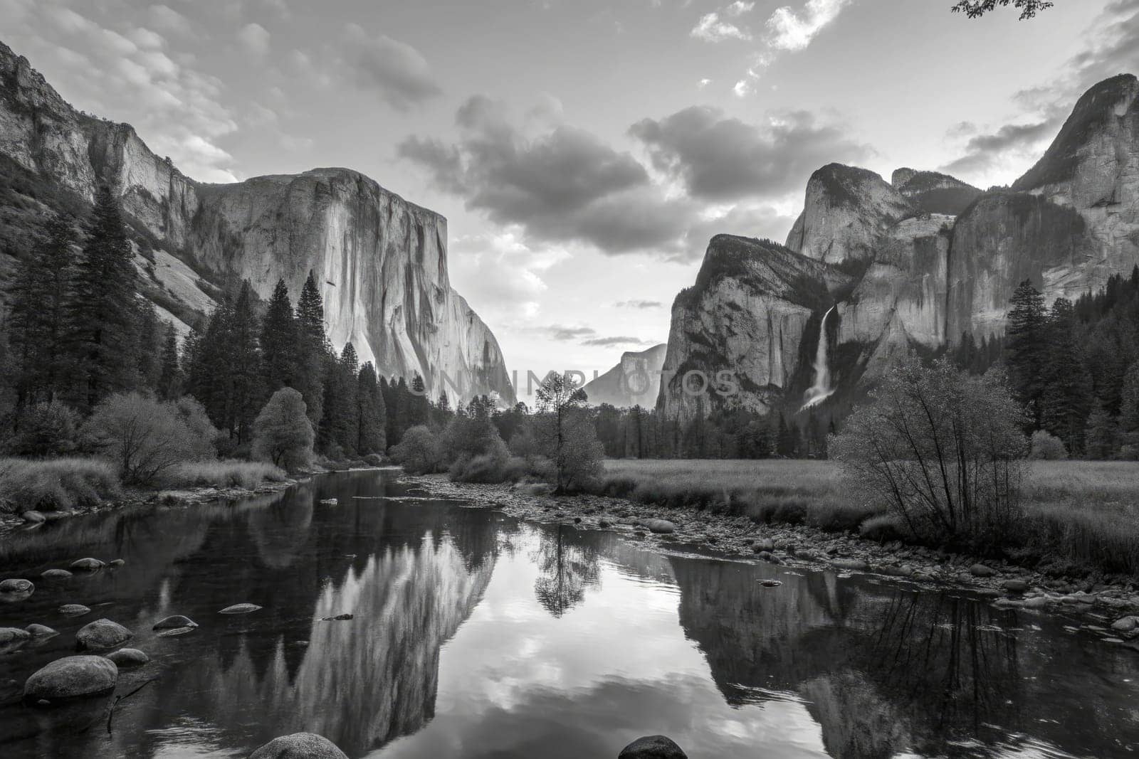 The stunning landscape features towering mountains and a calm river, with trees lining the banks. The black and white image creates a tranquil atmosphere during twilight hours.