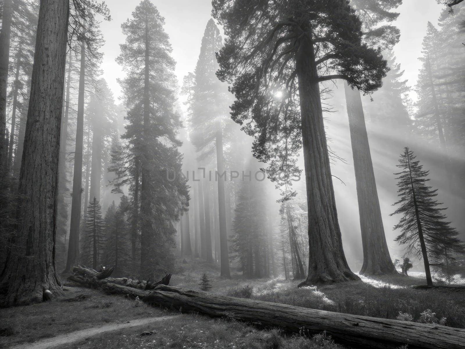 Rays of sunlight illuminate a misty forest filled with towering trees. A fallen log rests on the forest floor, creating a serene atmosphere during dawn hours.