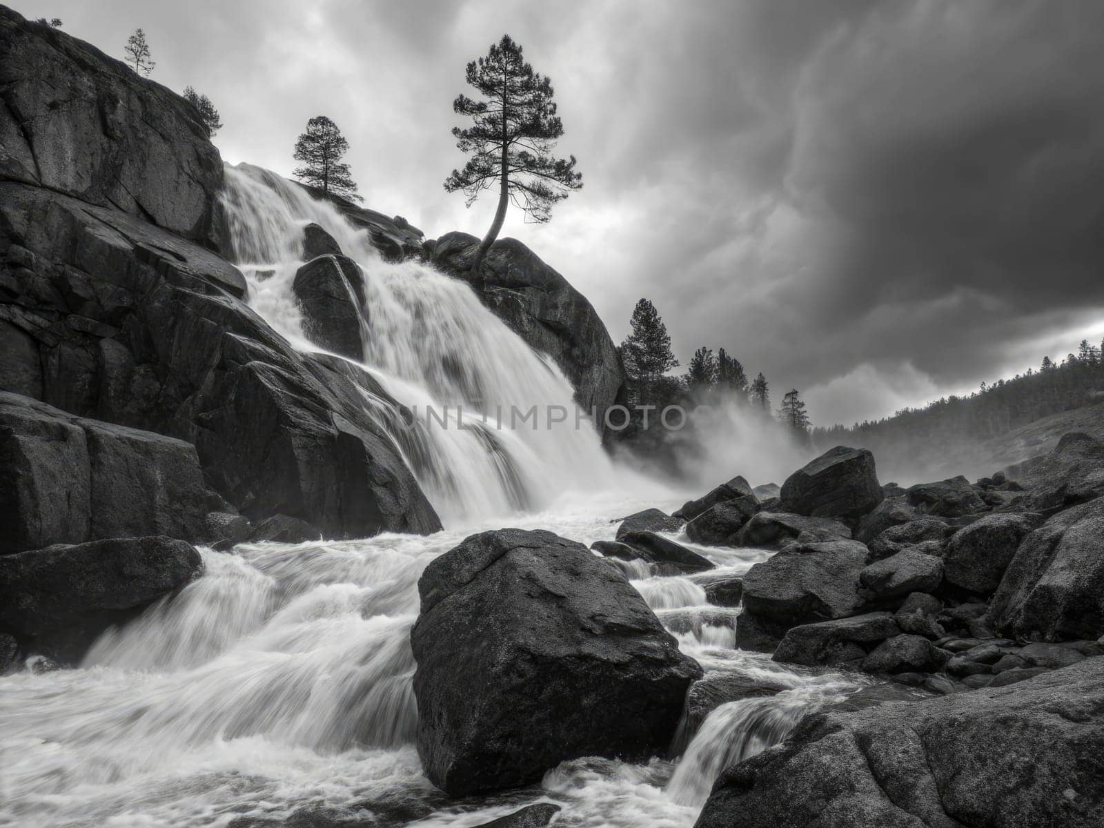 Roaring waters tumble down rugged cliffs surrounded by natural boulders and a solitary tree. Dark clouds loom overhead, adding drama to this tranquil wilderness scene.