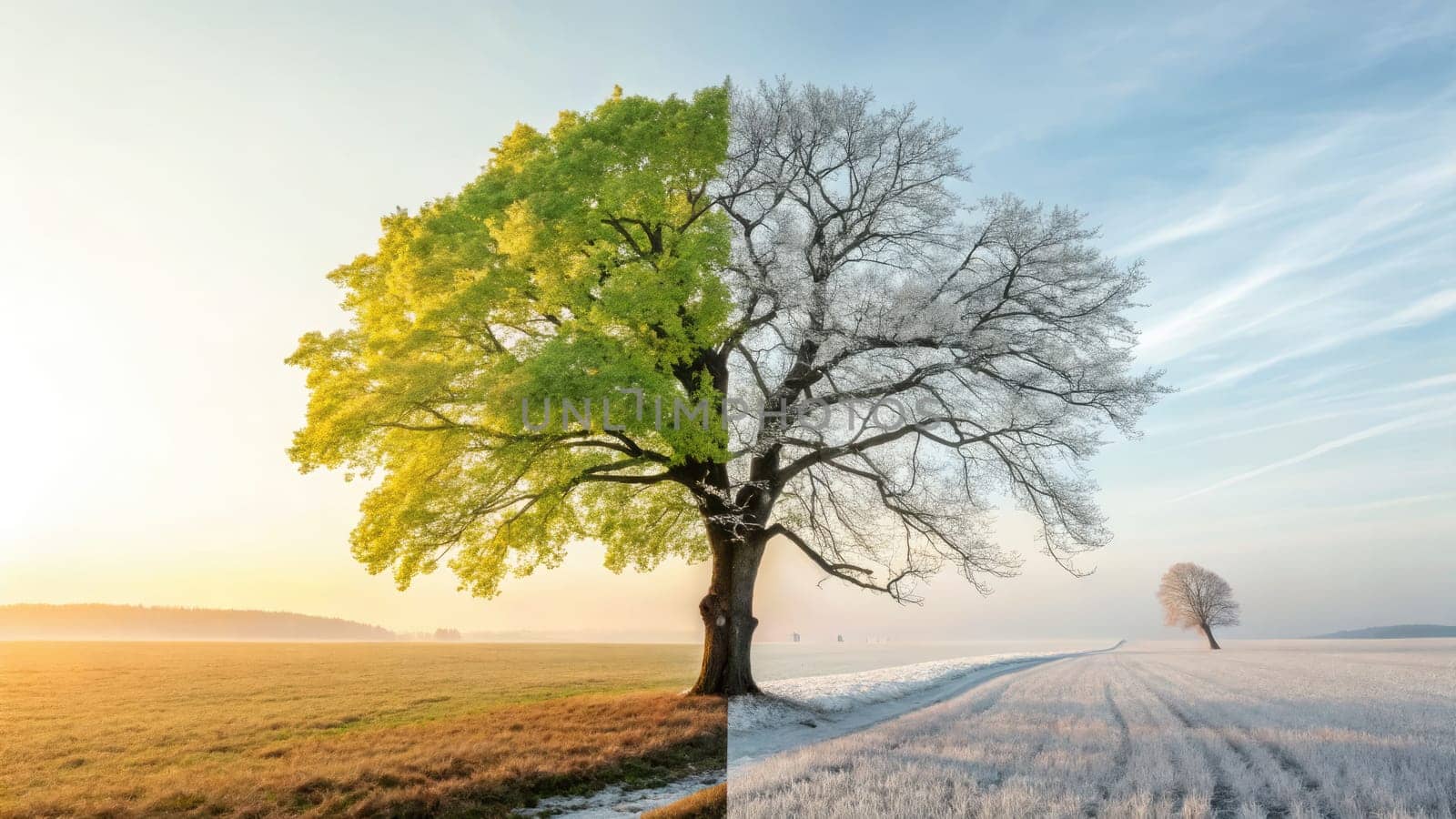 A tree displays a breathtaking contrast of seasons, with one side lush and green under sunlight, while the other side is barren and frosted with snow.