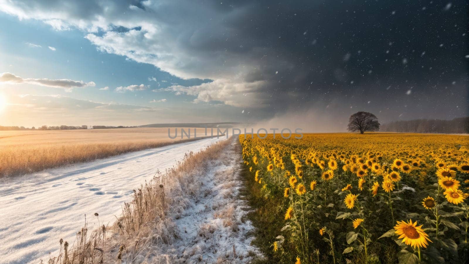 Sunflowers bloom vibrantly in the foreground while a snowy field lies beside them. Dark clouds loom overhead, creating a stark contrast between warmth and cold.